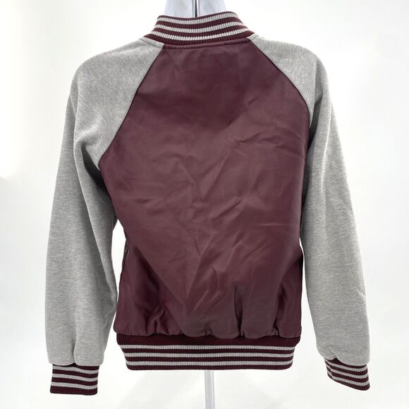 Forever 21 Varsity Jacket Womens Small Maroon Gray Letterman Snap Buttons *FLAW - Picture 2 of 11